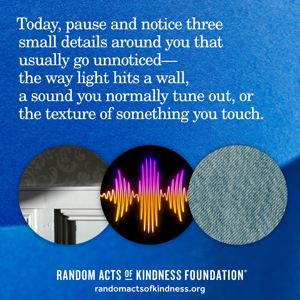 Today, pause and notice three small details around you that usually go unnoticed—the way light hits a wall, a sound you normally tune out, or the texture of something you touch. —Brooke